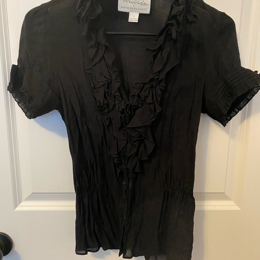 Anthropologie Black Ruffle Front Short-Sleeve Blouse